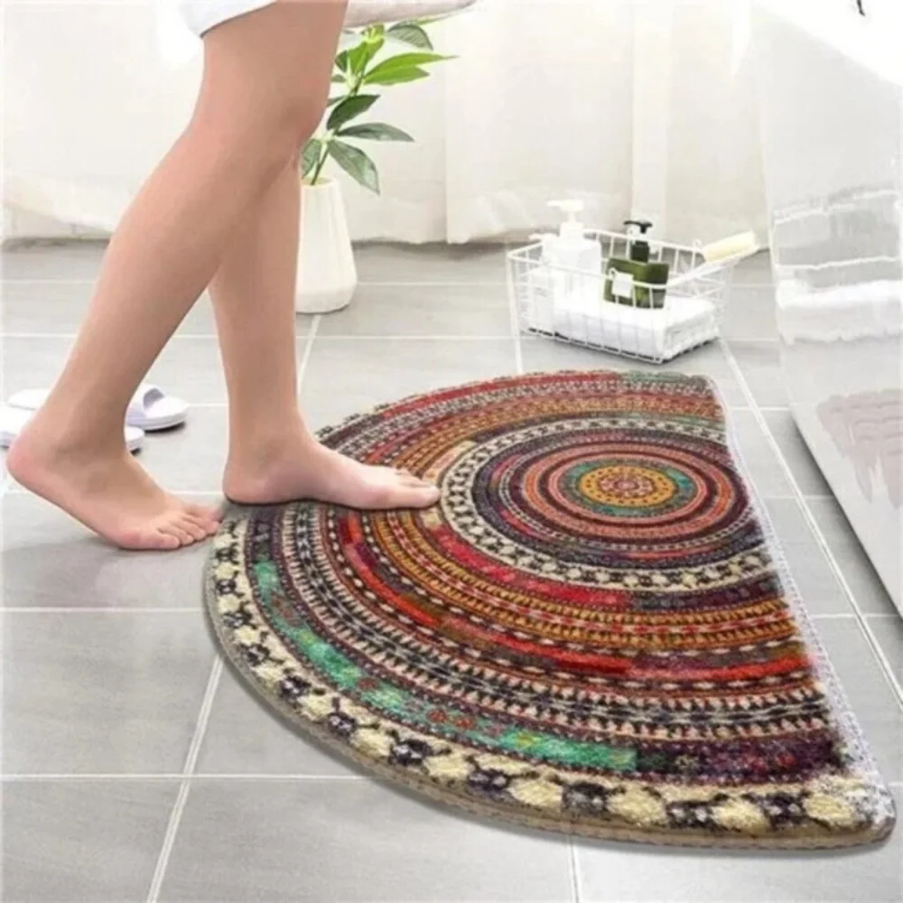 Half Round Door Mat,SemiCircle Bathroom Floor Rug,Mandala Boho Bohemian Non-Slip